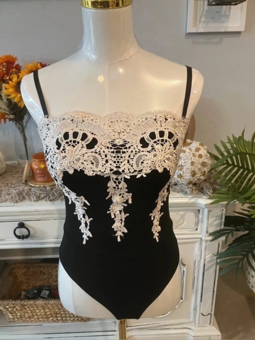 Haute Monde Black Bodysuit with Cream Crochet Lace